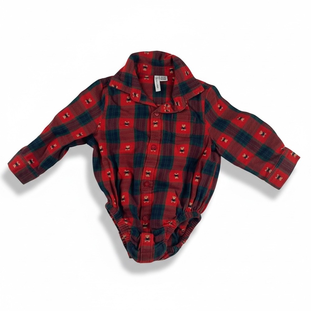 Janie and Jack Red Bear Plaid Button Shirt Bodysuit Christmas‎ Baby Boy 6-12 M